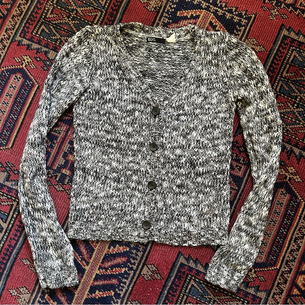 BDG Black & White Marled V-Neck Button Cardigan